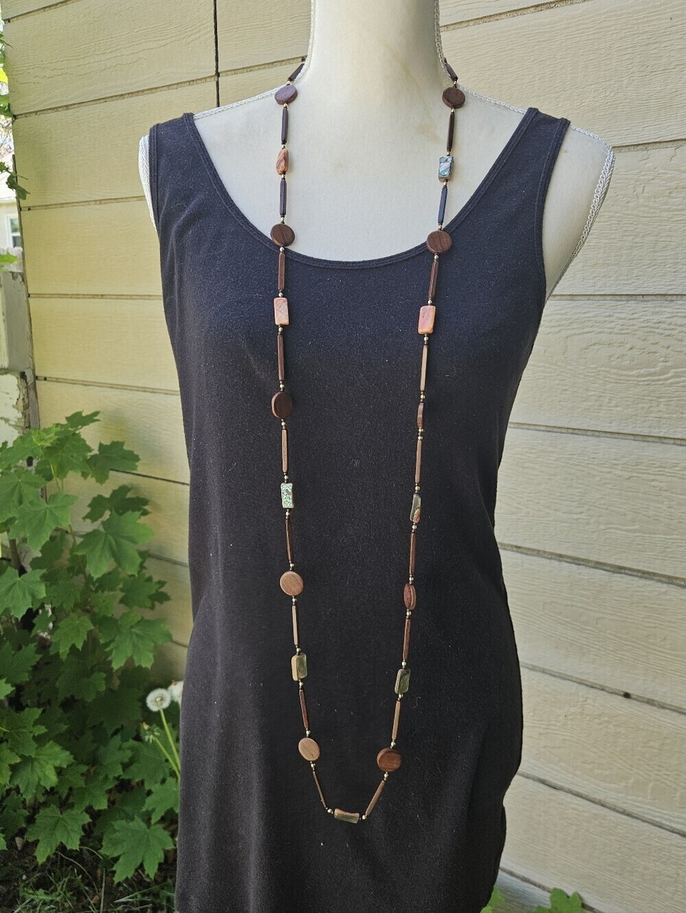 long wood and abalone shell beaded necklace